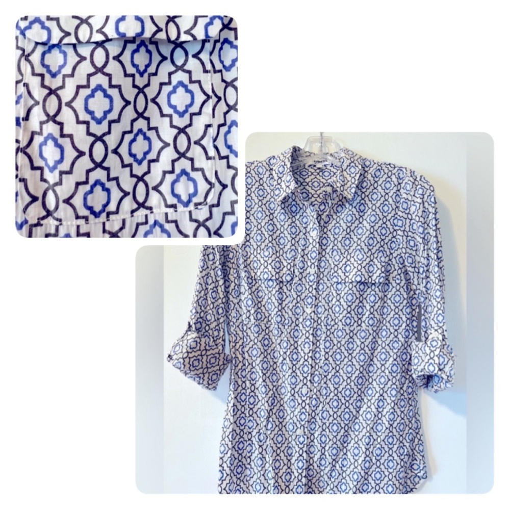 White & blue & gray patterned lightweight button-up shirt from Express